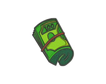 May include: Embroidered patch of a rolled stack of $100 bills, secured with a red band. The bills are green with black and yellow details, and the number 100 is visible on the top bill. The patch has a dark green border.