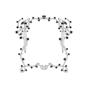 May include: A black and white illustration of a decorative frame. Two swords are positioned vertically, with a bird perched above each. The frame is decorated with vines and leaves, creating an elegant, symmetrical design.