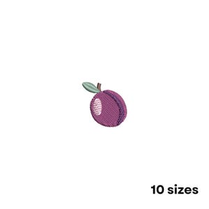 May include: Embroidered plum design in shades of purple, with a green leaf and brown stem. The fruit has a light-colored highlight. The text "10 sizes" is at the bottom.