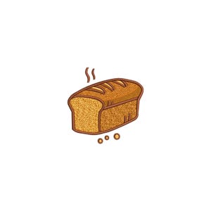 May include: A loaf of freshly baked bread, depicted in a cartoon style. The bread is golden brown with darker brown details and steam rising from the top. Three small, round, brown details are below the loaf.