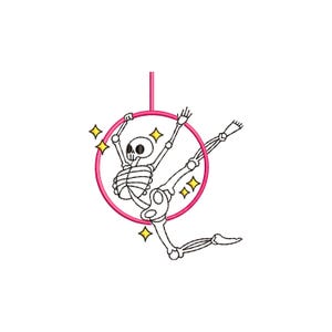May include: A whimsical illustration of a skeleton performing aerial acrobatics. The skeleton is positioned within a pink hoop, with one leg extended and arms reaching up. Yellow starbursts surround the hoop, adding a touch of sparkle.