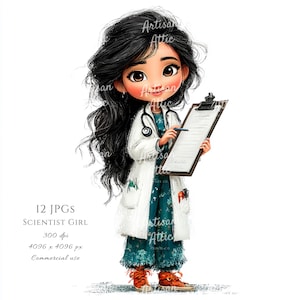 Peut inclure: Illustration numérique d'une jeune scientifique de dessin animé aux longs cheveux noirs, vêtue d'une blouse blanche, d'un stéthoscope et d'une robe turquoise. Elle tient un presse-papiers et un stylo. Le texte "Scientist Girl" est inclus.