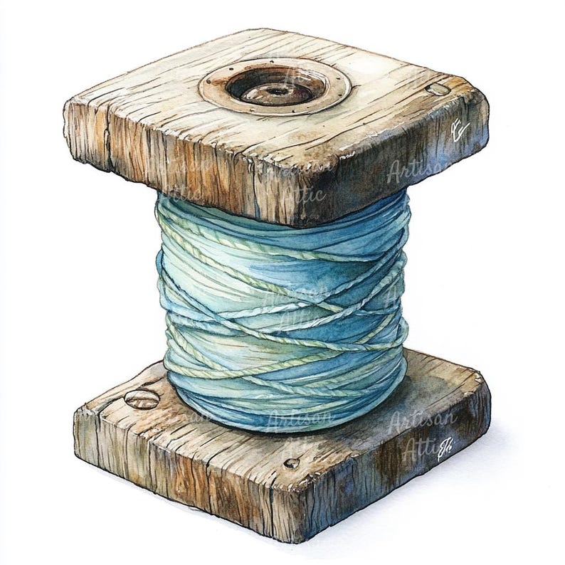 11 Vintage Wooden Spool With Light Blue Thread, Sewing Thread Spool ...