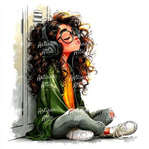 Peut inclure: Illustration d'une personne aux cheveux bruns bouclés portant un casque et des lunettes, les yeux fermés. Elle porte une veste verte, une chemise orange et un jean gris déchiré. Le texte "Artisan Attic Prints Co." est visible.