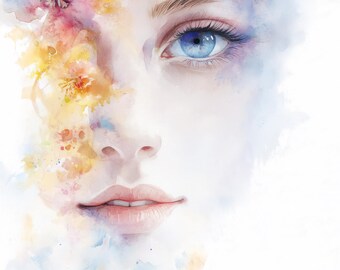 幻想的な水彩画の女性の肖像画 - ピンクと紫の花のクリップアート