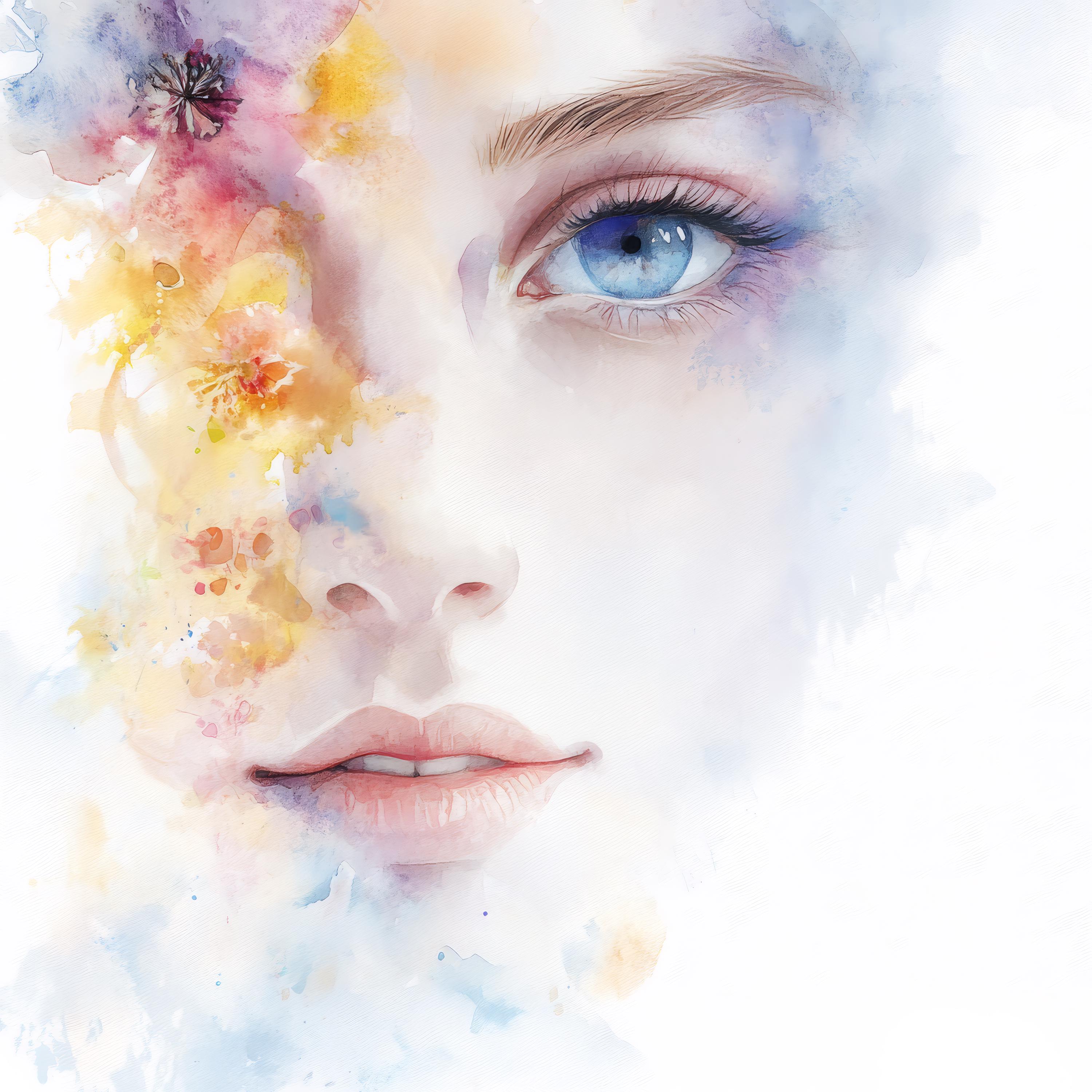 幻想的な水彩画の女性の肖像画 - ピンクと紫の花のクリップアート