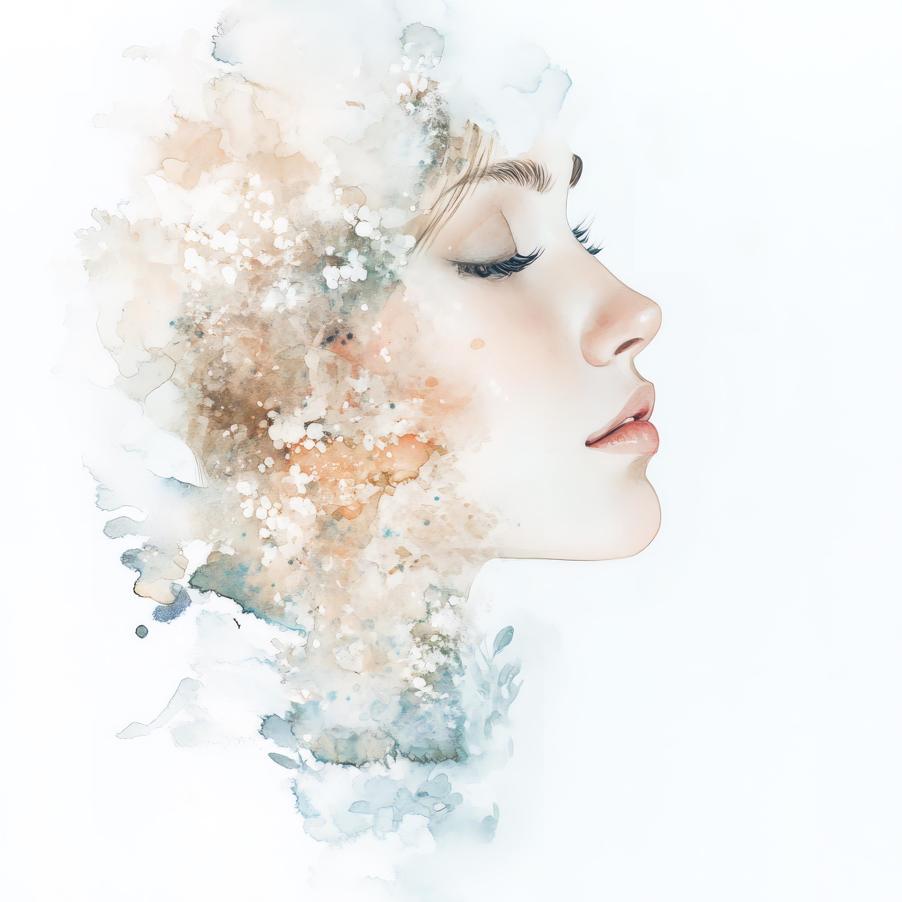 幻想的な水彩画の女性の肖像画 - ピンクと紫の花のクリップアート