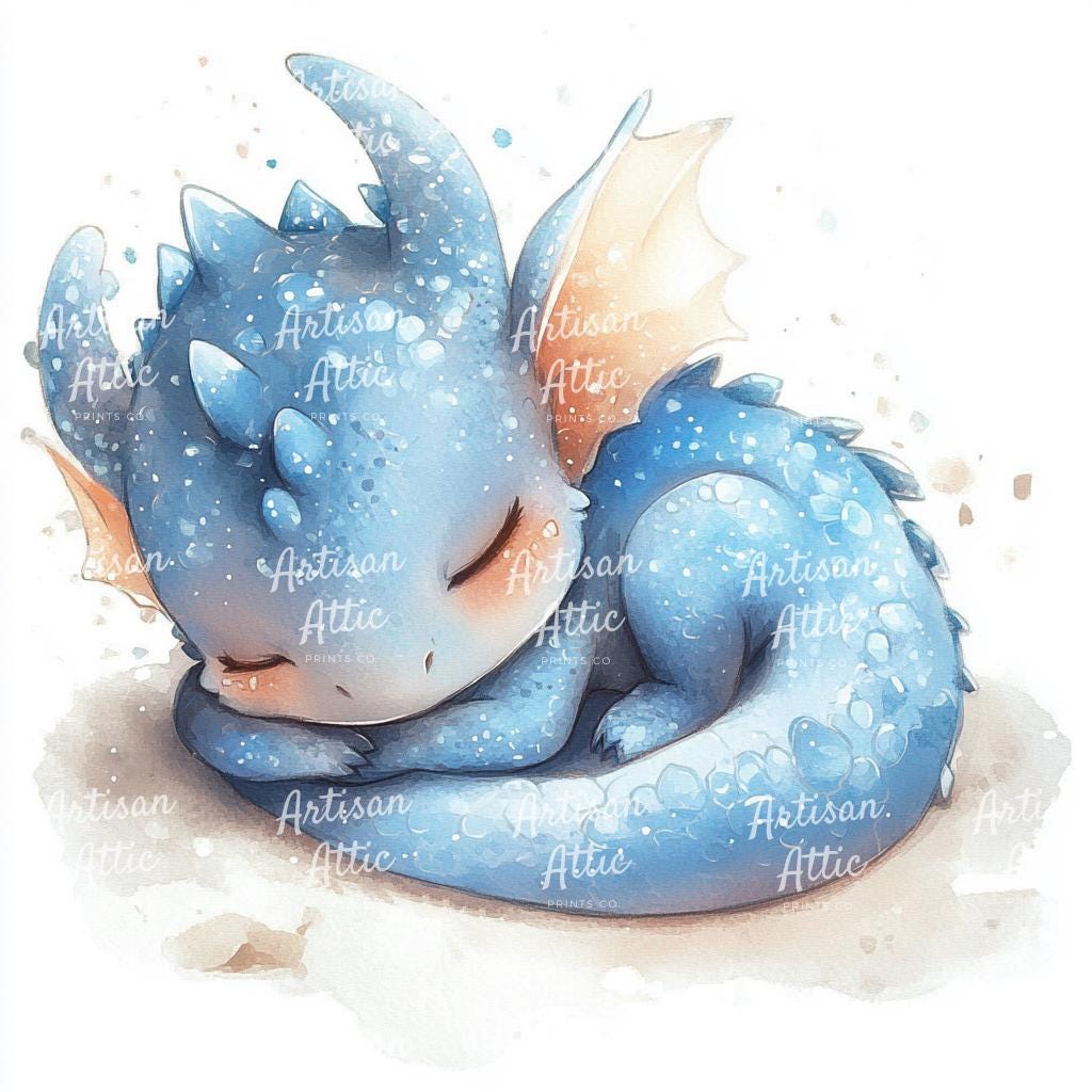 15 かわいい青い赤ちゃんドラゴンの水彩画、気まぐれなファンタジー