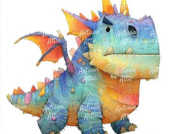 15 Colorful quirky dragon watercolor art for scrapbook, clipart, design projects, kids room decor, fantasy wall art, cute images