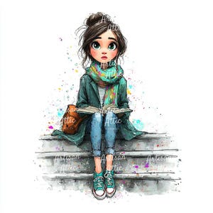 8 Watercolor image of thoughtful girl sitting on steps reading a book, cozy digital clipart png download for journals and scrapbook images