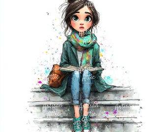 May include: Watercolor illustration of a young person with brown hair in a bun, wearing a teal coat, blue jeans, and teal sneakers. They are sitting on steps, reading a book, with a brown backpack beside them. The image has colorful paint splatters.
