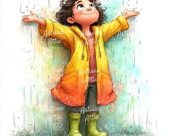 14 imágenes prediseñadas de acuarela de una niña en un día lluvioso, con impermeable amarillo (JPG)