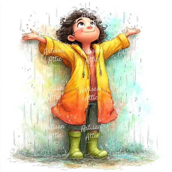 雨の日の女の子の水彩画クリップアート14点、黄色いレインコート（JPG