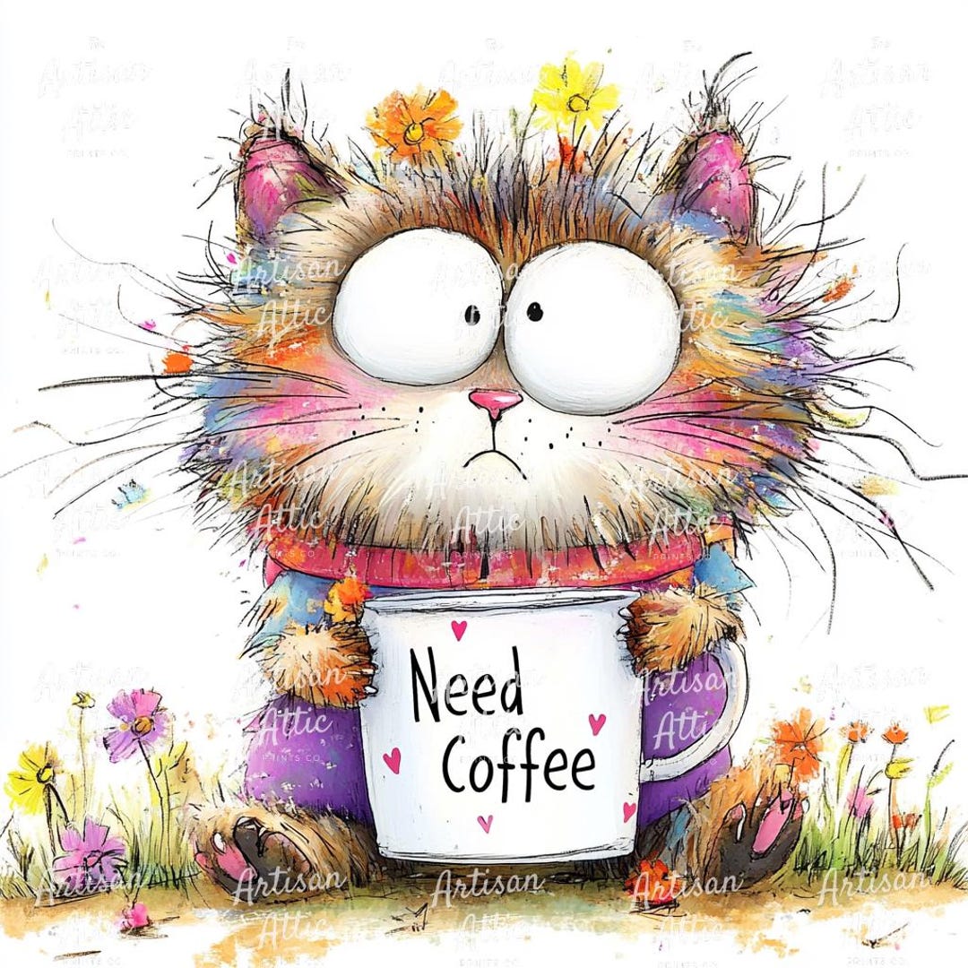 Funny Sleepy Cat Watercolor Clipart, Need Coffee Mug (JPG Download, 10 ...