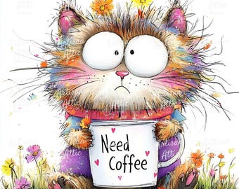 Funny Sleepy Cat Watercolor Clipart, Need Coffee Mug (JPG Download, 10 Images)