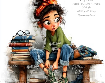 Girl Tying Shoes Illustration: Student Character, School Lifestyle Art (Digital Download, 11 Images)