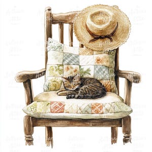 9 Chaise aquarelle confortable avec une courtepointe en patchwork, un chapeau de paille et des images clipart de chat endormi pour des créations numériques et des images de scrapbooking