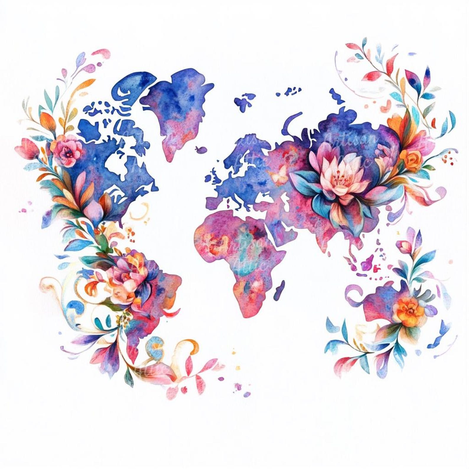 Watercolor Floral World Map Clipart | Printable Globe Art (digital ...