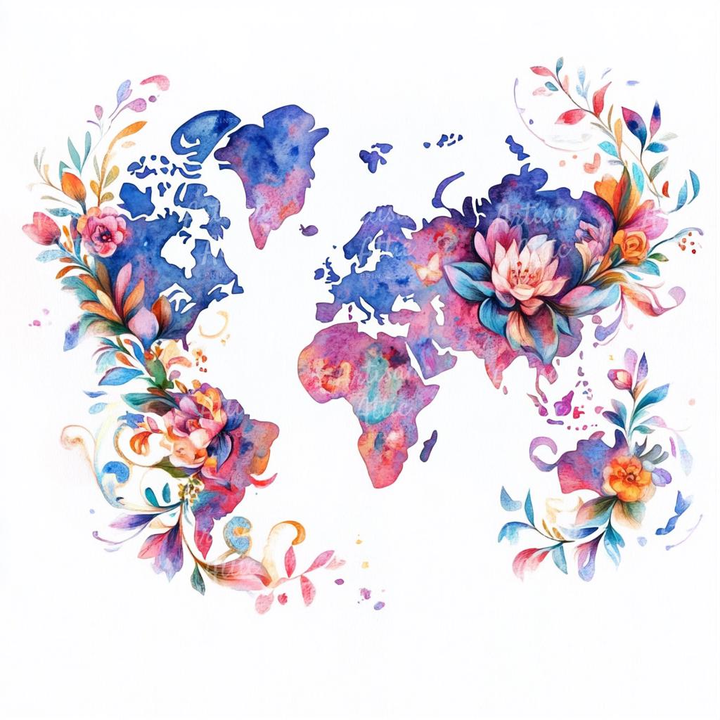 Watercolor Floral World Map Clipart | Printable Globe Art (digital ...