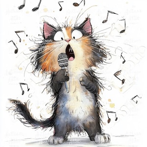 May include: A watercolor illustration of a singing cat holding a microphone. The cat has black, orange, and white fur, with wide eyes and an open mouth. Musical notes surround the cat, suggesting a performance. The image has the text "Artisan Attic Prints".