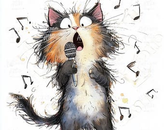 12 aquarelle drôle de chat chantant tenant un microphone clipart numérique pour des projets musicaux, images de scrapbooking, téléchargement png, clipart animal mignon