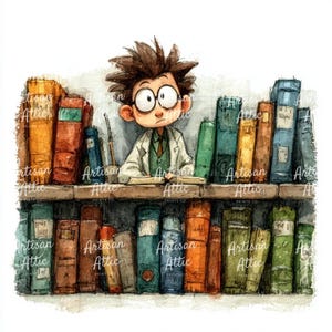 May include: Watercolor illustration of a young person with glasses, wearing a lab coat, reading a book in front of a bookshelf. The bookshelf is filled with colorful books. The text "Artisan Attic Prints Co." is visible.