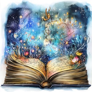 12 aquarel magische boek illustraties, Fantasy open boek digitale clipart, betoverd verhalenboek PNG voor digitaal knutselen en scrapbooking