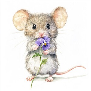 12 Aquarell Maus mit Blumen Clipart, süße Maus hält violette Blume, Tier Clipart, digitales Basteln, Scrapbook-Bilder, Maus Kunst