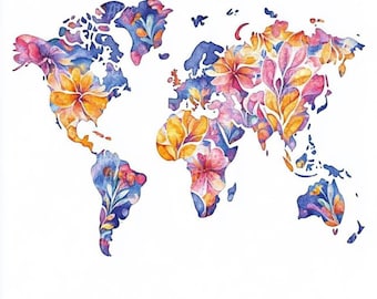 Watercolor Floral World Map Clipart | Printable Globe Art (Digital Download, 12 Images)