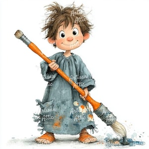 13 Cheerful boy artist in blue smock holding large paintbrush watercolor art, digital clipart for scrapbook images, watercolor clipart