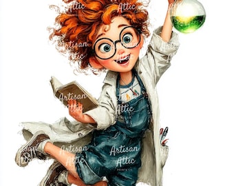11 Quirky Scientist Clipart: Happy Child in Lab Coat Holding Glowing Flask (Digital Download)