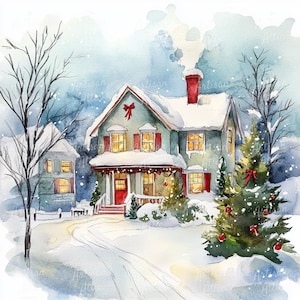 12 Clipart di case di Natale ad acquerello / Casa invernale con albero di Natale e neve / Download digitale per le vacanze per scrapbooking e materiali stampabili