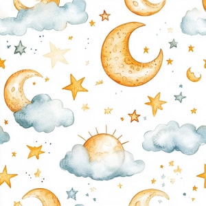 12 aquarel nachtelijke hemel clipart | Maan en sterren | Wolken en zon | Hemelse illustratie | Kinderkamerkunst | Digitale download | Babyshower