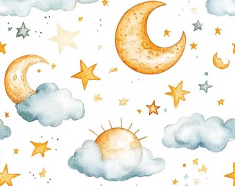 Watercolor Night Sky Clipart | Moon, Stars, Clouds (Digital Download, 12 Images)