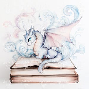 Akvarelltryck av babydrake, sovande i bok (digital nedladdning, 11 bilder) bild 10
