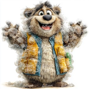 Puede incluir: Ilustración de dibujos animados de una criatura peluda y sonriente con un chaleco azul y amarillo. La criatura tiene una nariz grande, la boca abierta y está rodeada por un efecto de burbujas. Las palabras "Artisan Attic" están impresas en la imagen.