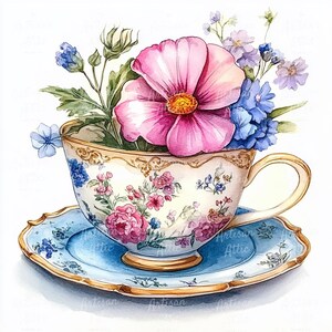 10 Aquarell Blumen Teetasse Clipart, Vintage Teetasse mit Blumen, digitale Clipart, Tee-Party-Dekor, Scrapbook-Bilder, digitaler Download