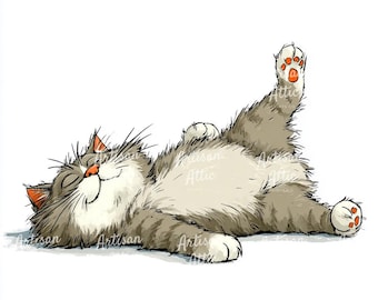 10 Quirky chubby cat lying belly-up digital clipart whimsical funny pet art illustration for scrapbook images home decor watercolor clipart