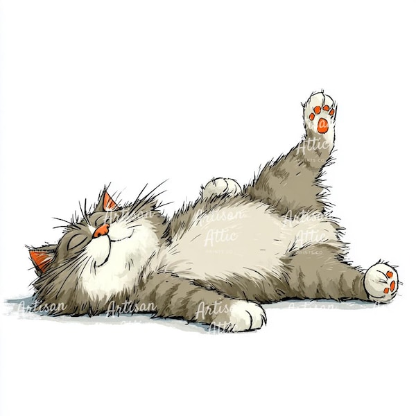 10 Quirky chubby cat lying belly-up digital clipart whimsical funny pet art illustration for scrapbook images home decor watercolor clipart
