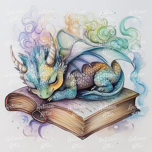Akvarelltryck av babydrake, sovande i bok (digital nedladdning, 11 bilder) bild 1