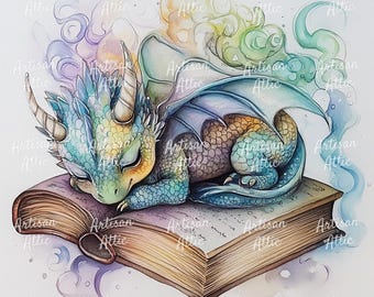 May include: A watercolour illustration of a sleeping dragon on a large, open book. The dragon has blue, green, and yellow scales, with matching wings and horns. Colourful, swirling clouds surround the dragon and book.