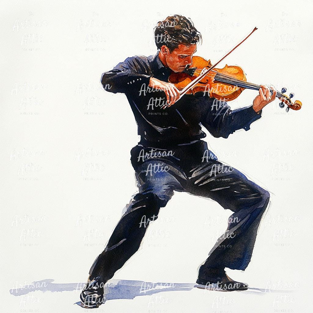 11 デニムで情熱的に演奏する水彩画のバイオリニスト、スクラップ