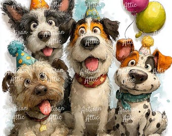 Puede incluir: Ilustración en acuarela de cuatro perros celebrando un cumpleaños. Cada perro lleva un gorro de fiesta y tiene una expresión alegre. Dos globos están en el fondo. El texto "Artisan Attic Prints Co" es visible.