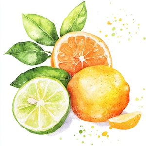 12 Zitrusfrüchte Clipart | Aquarell Zitrone, Limette und Orange Illustration | Frisches Obst Kunst | Digitaler Download | Zitrus Essen Clipart