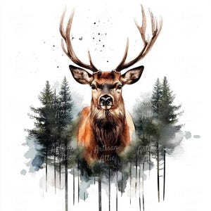 12 majestuosos ciervos en acuarela: imágenes prediseñadas digitales de fauna silvestre para álbumes de recortes, manualidades digitales y decoración rústica.