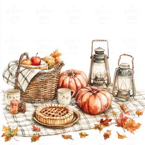 13 rustieke herfst oogstmand clipart – Pumpkin Pie, Apples & Lantern aquarel voor digitaal knutselen, scrapbook afbeeldingen aquarel clipart