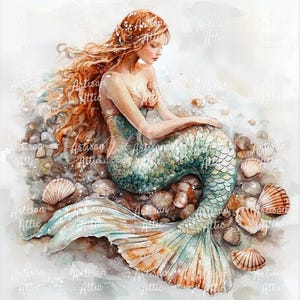 May include: Watercolor painting of a mermaid with flowing red hair and a teal and gold tail. She sits among seashells and rocks, with a serene expression. The artwork has a soft, ethereal quality.