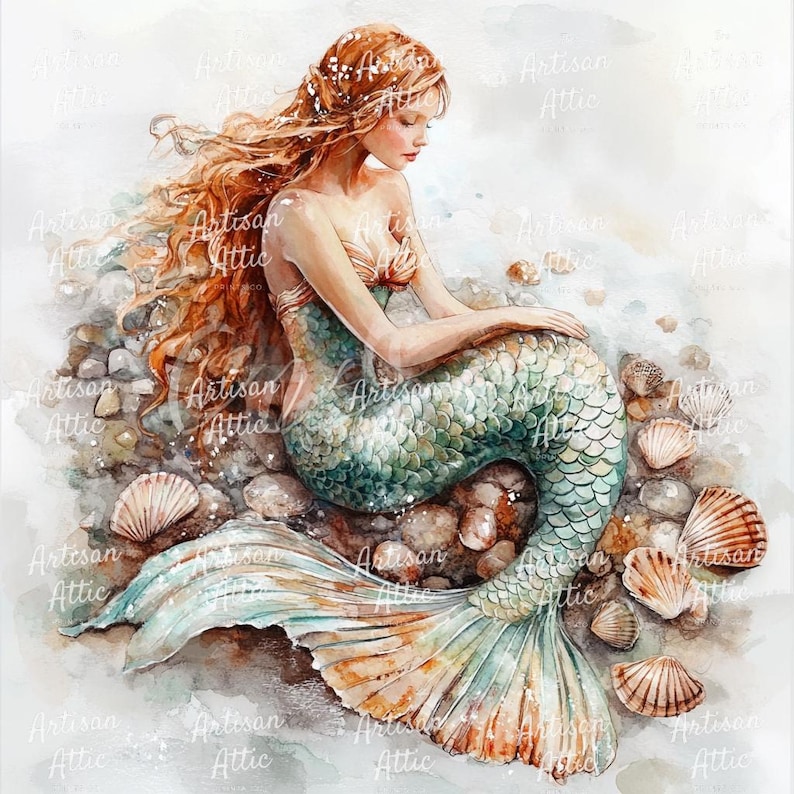 May include: Watercolor painting of a mermaid with flowing red hair and a teal and gold tail. She sits among seashells and rocks, with a serene expression. The artwork has a soft, ethereal quality.