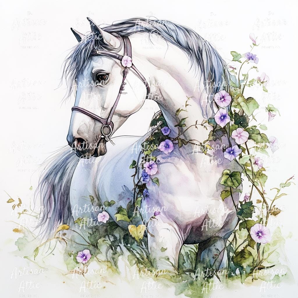 16 Floral Horse Watercolor Clipart Botanical Equine Art For Digital 