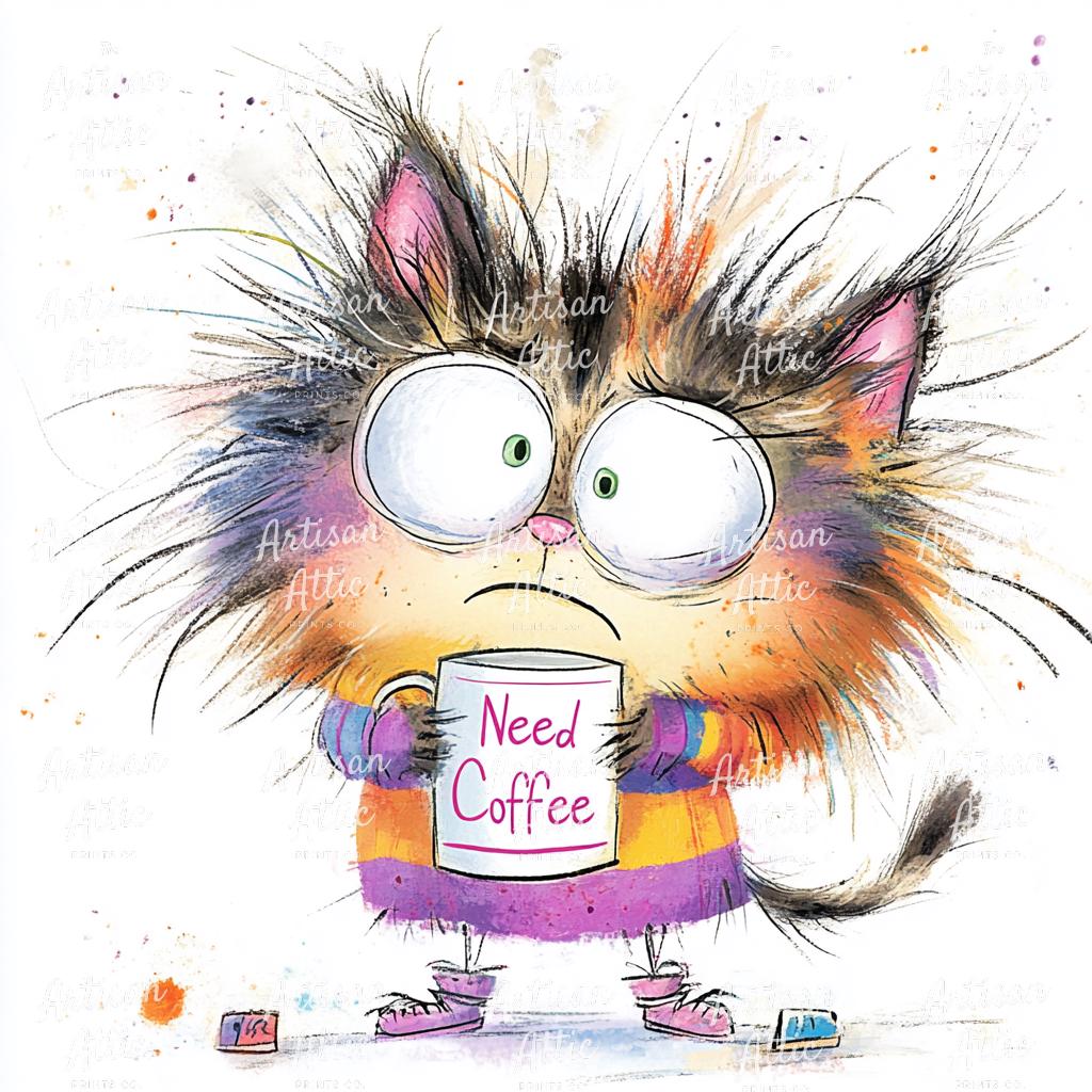 Funny Sleepy Cat Watercolor Clipart, Need Coffee Mug (JPG Download, 10 ...